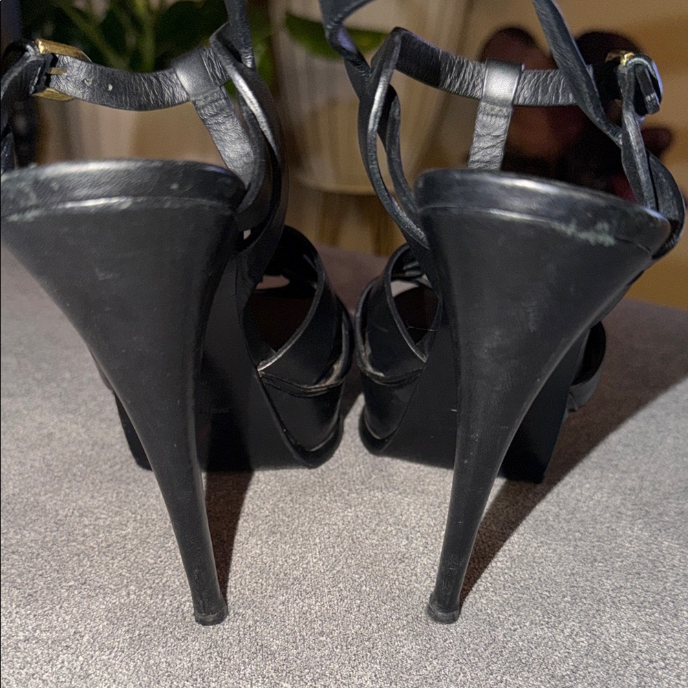 Saint Laurent Black Leather Knot T-Strap Heels - Picture 7 of 9